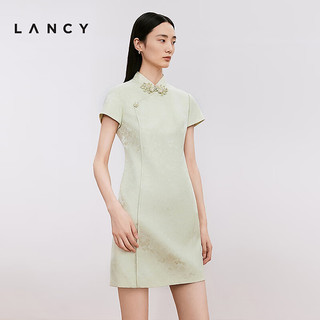 朗姿/LANCY2024秋新中式改良旗袍短袖提花收腰短款连衣裙女 薄雾草地色 3XL