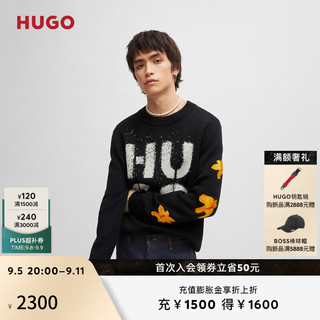 HUGO 男士24秋季堆叠风徽标和花卉图案装饰宽松羊毛混纺毛衣 001-黑色 S