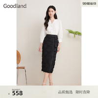 音儿（YINER）Goodland美地2024秋季立体毛绒流苏高腰直筒开衩半身裙 黑色 44