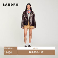 SANDRO2024早秋女装新复古回潮做旧皮衣夹克外套SFPBL00946 棕黄色 38