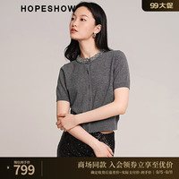 红袖100%绵羊毛短袖针织开衫秋季2024女装圆领质感上衣 云雾灰075 S