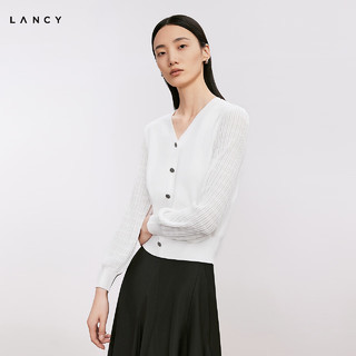 朗姿/LANCY2024秋季灯笼袖拼接v领针织开衫女设计感典雅上衣 本白色 3XL