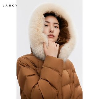 朗姿/LANCY【90白鹅绒】24貉子毛领收腰中长羽绒服女旷野美拉德 驼色 M