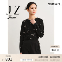 玖姿（JUZUI）潮流英文字母绣花针织衫女2024秋季JWDQ31032 花黑 M