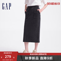 Gap女装2024秋季纯棉抽绳开叉雪花洗牛仔半身裙直筒裙639200 黑色 160/62A(S) 亚洲尺码