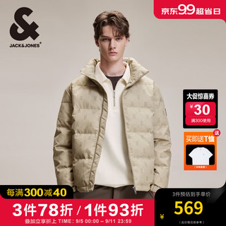 杰克·琼斯（JACK&JONES）秋冬男装潮流保暖老花满印短款男士羽绒服外套无帽立领鸭绒服 E11 卡其色 185/104A/XL