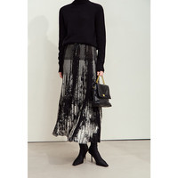 AMII2024冬抽绳绑带橡筋腰头提花百褶针织裙半身裙女挑孔裙子 黑杏色 165/72A/L