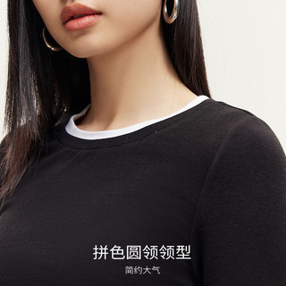 VEROMODAT恤女2024早秋拼接圆领两侧抽绳装饰七分袖上衣简约百搭 黑色 170/88A/L