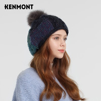 KENMONT 卡蒙 秋冬手工粗毛线贝雷帽女狐狸毛球大头围针织帽卷边后托帽km-9233