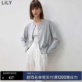 丽丽 LILY2024秋蝴蝶结刺绣钉珠纱线舒适百搭针织开衫 505浅灰 XS