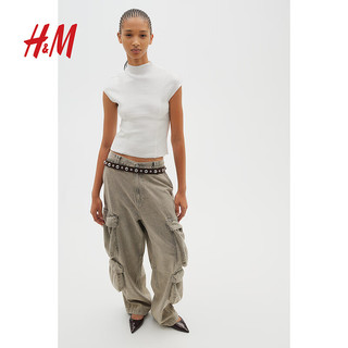 H&M2024夏季女装时尚休闲百搭纯色罗纹高领上衣1242293 白色 160/88 S