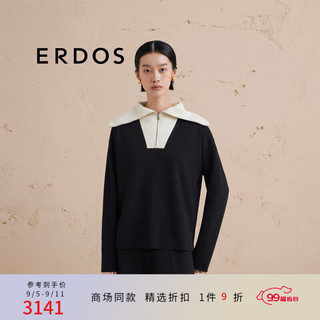 ERDOS【精纺】24秋冬绒毛混纺撞色针织衫厚款宽松翻领女套衫羊绒衫 黑 165/84A/M