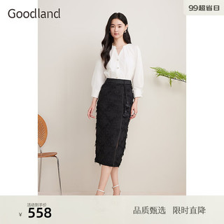 音儿（YINER）Goodland美地2024秋季立体毛绒流苏高腰直筒开衩半身裙 黑色 38