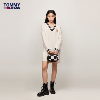 TOMMY JEANS【美式学院风】24秋冬女刺绣撞色V领肌理感针织衫19685 【V领针织裙】-米白色YBH S