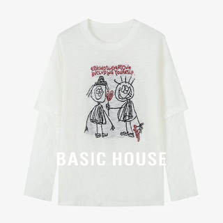 Basic House/百家好假两件拼接蕾丝针织衫小众设计感长袖上衣早秋 白色 M