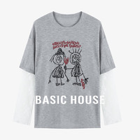 Basic House/百家好假两件拼接蕾丝针织衫小众设计感长袖上衣早秋 浅灰色 L