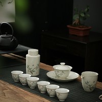 京峰阁 复古桂花盖碗罐海承六杯组茶具古青釉陶瓷茶道功夫茶品茗杯茶杯家用待客礼盒装 A-桂花盖碗罐海承六杯组