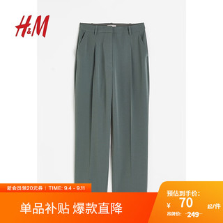 H&M 女装裤子时尚休闲气质松紧高腰直筒西裤1175599 深绿色 160/68