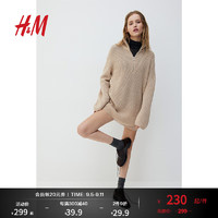 H&M女装2024秋季上部配拉链粗线针织套衫1232270 浅米色 170/116 XL