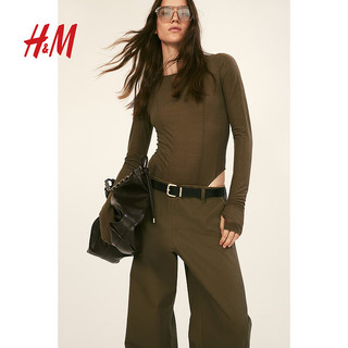 H&M2024秋季新款女装时尚休闲百搭毛边斜纹布休闲裤1237320