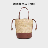 CHARLES & KEITH CHARLES&KEITH24夏新款SL2-10782395拼接抽绳手提单肩草编水桶包