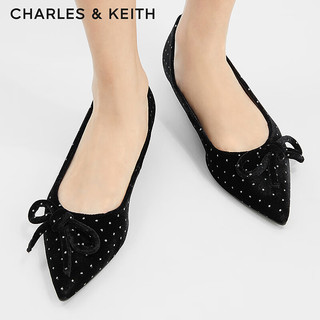 CHARLES&KEITH24秋季尖头丝绒蝴蝶结小猫跟单鞋女士CK1-60900163 BLACK TEXTURED黑色纹理 39