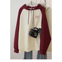 真维斯女装插肩袖连帽卫衣2024秋季撞色宽松休闲长袖上衣G2 黑色拼花灰色8080 180/100A/XL