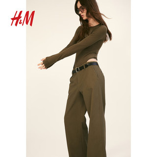 H&M2024秋季女装时尚休闲百搭毛边斜纹布休闲裤1237320 深卡其绿 170/84