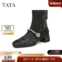 他她（TATA）粗跟弹力瘦瘦靴女靴法式时装靴短靴2024冬季7AC57DD4 黑色 34