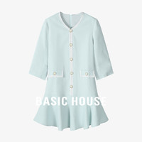 Basic House/百家好撞色休闲甜美风气质感优雅纽扣设计V领连衣裙 薄荷绿 M