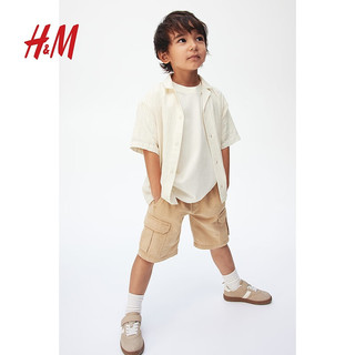 H&M2024夏季童装大童男童纹理感古巴领衬衫1257185 灰绿色 120/64