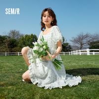 百亿补贴：Semir 森马 衣裙女方领泡泡袖文艺清新夏温柔肌理碎花裙森系美拉德