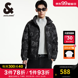 杰克·琼斯（JACK&JONES）男装衣服秋冬宽松满印LOGO趣味图案时尚潮流立领短款羽绒服外套男 黑色PURE BLACK 165/88A/XS