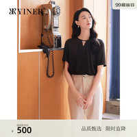 YINER音儿专选2024秋季法式镂空小V领衬衫优雅轻上衣 深咖 42