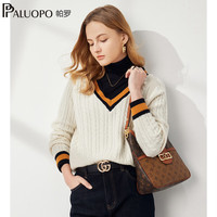 帕罗（PALUOPO）2024秋冬V领毛衣套头宽松显瘦针织衫女式打底撞色上衣服女装 白橙 均码/F
