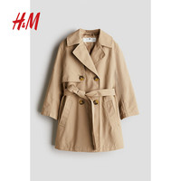 H&M童装女童2024秋季后摆开衩有衬里双排扣风衣1208505 米色 120/64