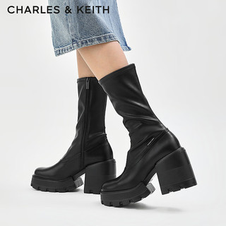 CHARLES&KEITH24秋季厚底侧拉链弹力靴瘦瘦靴女CK1-90360405 Black黑色 35