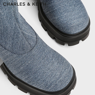 CHARLES&KEITH24秋季厚底侧拉链弹力靴瘦瘦靴女CK1-90360405 Denim Blue深牛仔蓝色 39