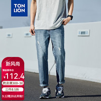 唐狮 TONLION2024男破洞锥形小直筒牛仔长裤TB 中牛仔蓝 34