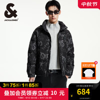 杰克·琼斯（JACK&JONES）男装衣服秋冬宽松满印LOGO趣味图案时尚潮流立领短款羽绒服外套男 黑色PURE BLACK 170/92A/S