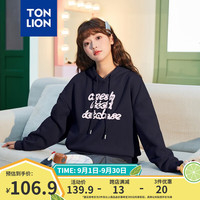 唐狮(TonLion)唐狮2024早秋连帽卫衣女趣味文字印花设计感潮流卫衣外套dx 藏蓝 S