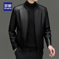 罗蒙男士时尚翻领短款PU皮衣2024秋季百搭休闲纯色夹克外套男 黑色 170
