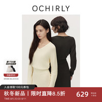 ochirly欧时力羊毛软糯优雅毛针织连衣裙V领24秋冬季通勤简约 米白 S