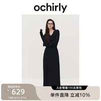 ochirly欧时力羊毛软糯优雅毛针织连衣裙V领24秋冬季通勤简约 深灰 M