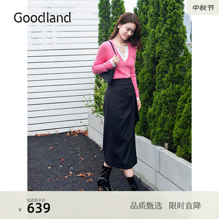 音儿（YINER）Goodland美地2024秋季法式褶襇小黑裙收腰飘带半身裙 黑色 40