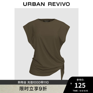 URBAN REVIVO UR2024秋季女装时尚休闲设计感褶皱绑带短袖T恤UWH440082 橄榄绿 S