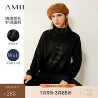 AMII2024冬时髦街头风印花抓毛卫衣女半高领落肩袖加绒上衣 黑色 160/84A/M