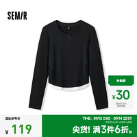 森马（Semir）长袖T恤女短款撞色假两件秋2024修身衣服百搭 黑色90001 160/84A/M