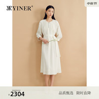 YINER音儿2024秋季桑蚕丝法式收褶提花连衣裙 米白 44
