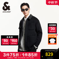 杰克·琼斯（JACK&JONES）男装衣服秋冬工装风羊毛外套PU领多口袋商务休闲短款毛呢大衣男 E40 黑色 180/100A/L